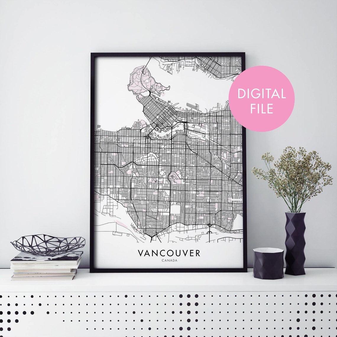 Vancouver Canada Black and White Street Map Digital File Poster