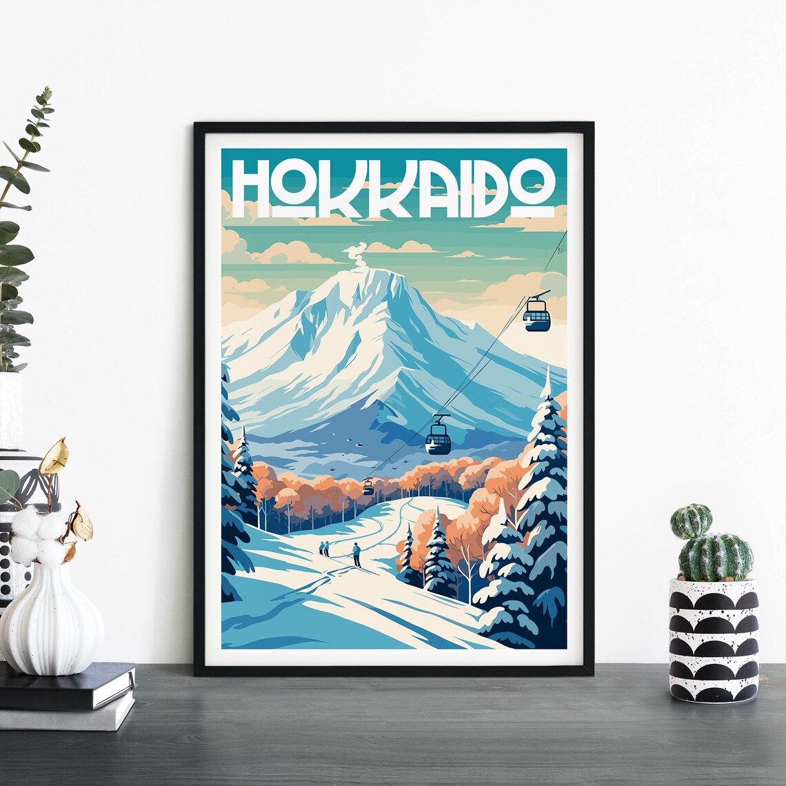 Snowy Hokkaido Mountain Cable Car Japan Winter Travel Poster