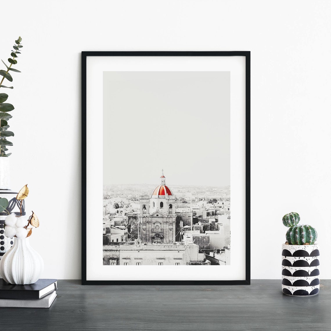 Malta Church Red Dome Monochrome Travel Photography Art Poster