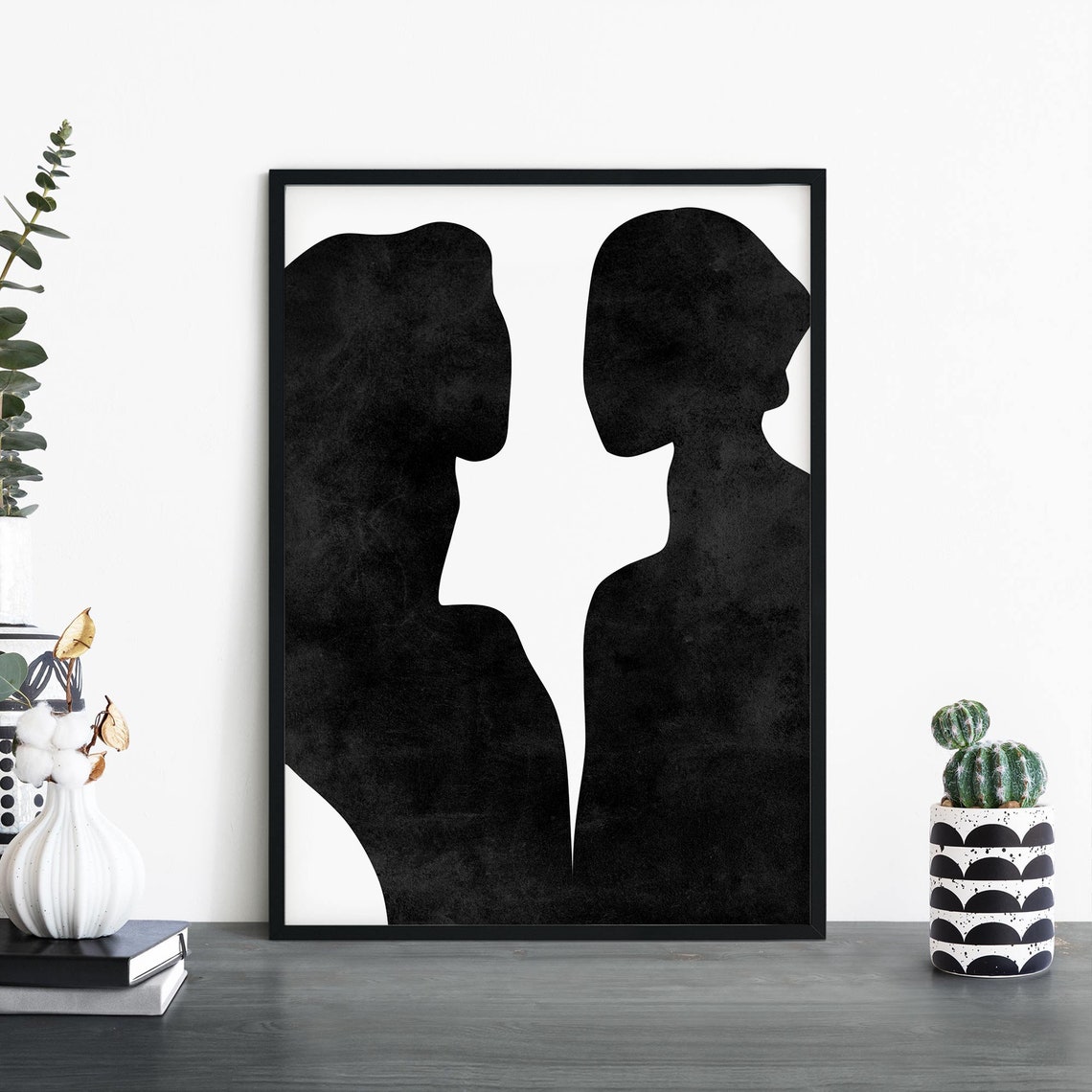 Two Lovers Silhouette Profiles Facing Black White Modern Poster