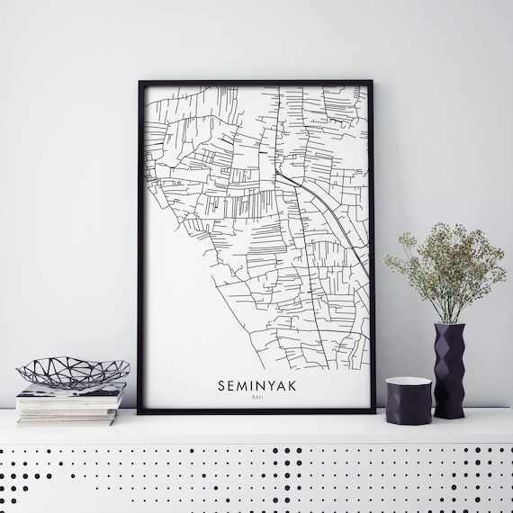 Seminyak Bali Monochrome City Street Map Grid Framed Style Poster