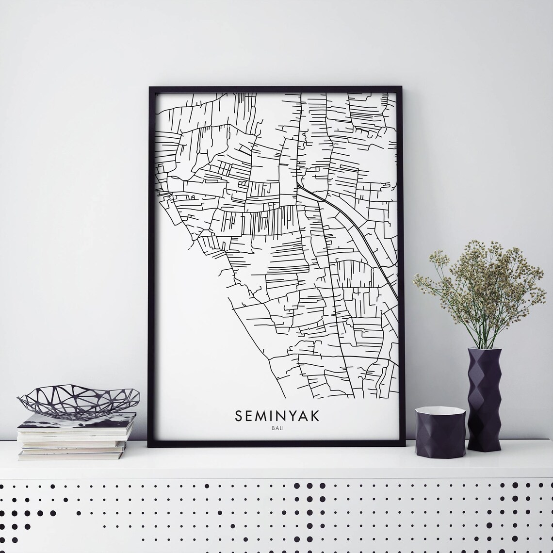 Seminyak Bali Monochrome City Street Map Grid Framed Style Poster
