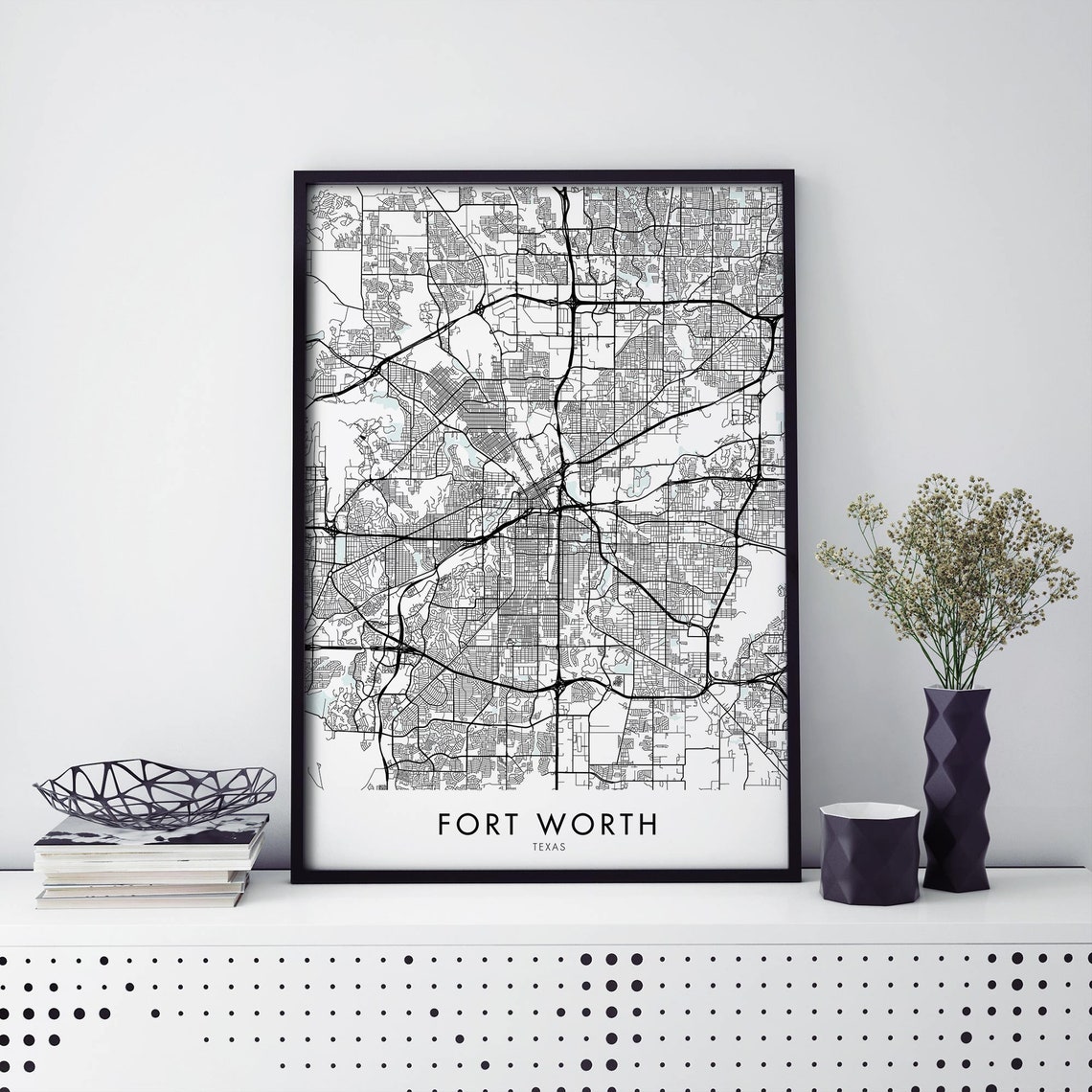 Fort Worth Texas City Map Minimalist Black Line Art Decor Poster