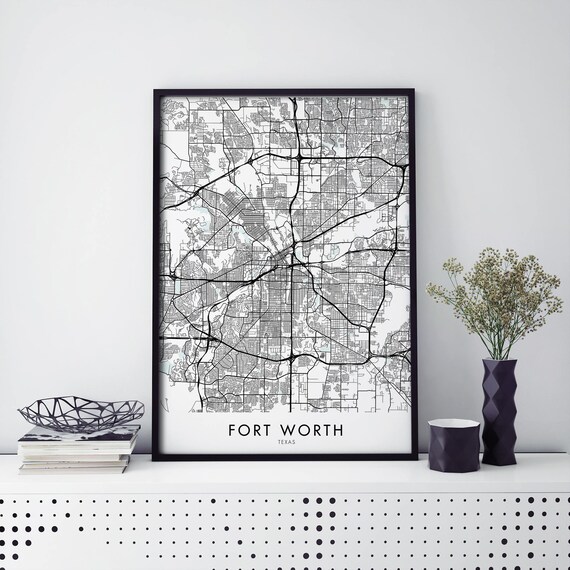 Fort Worth Texas City Map Minimalist Black Line Art Decor Poster