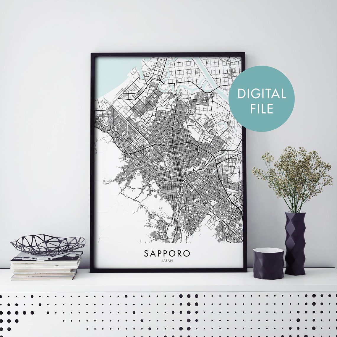Sapporo Japan Hokkaido Minimalist Black Street City Map Poster