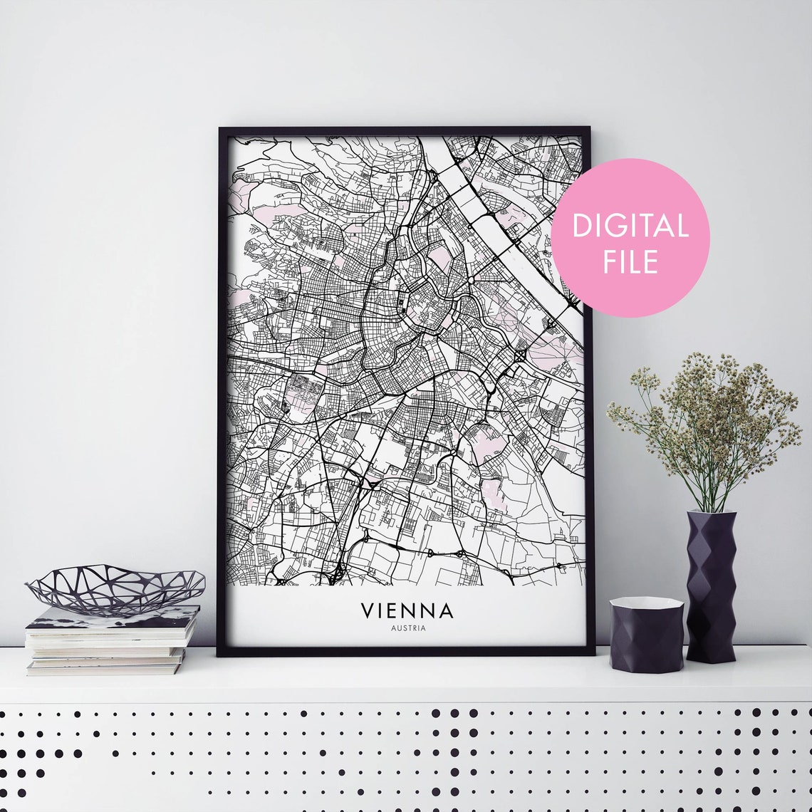 Modern Minimalist Vienna Austria City Street Map Black White Print