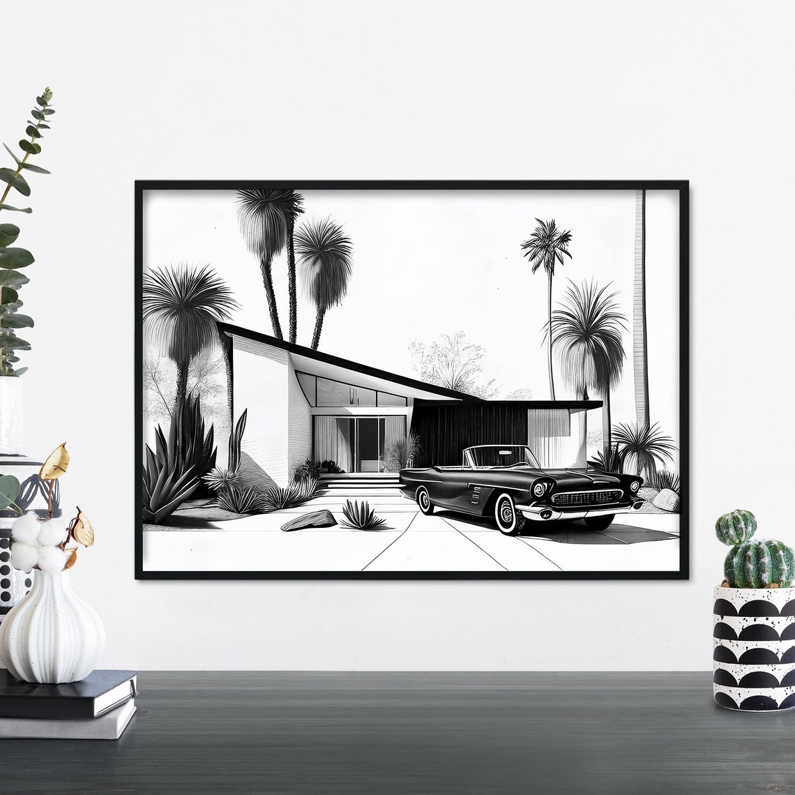 Black and White Mid Century House With Classic Convertible Poster