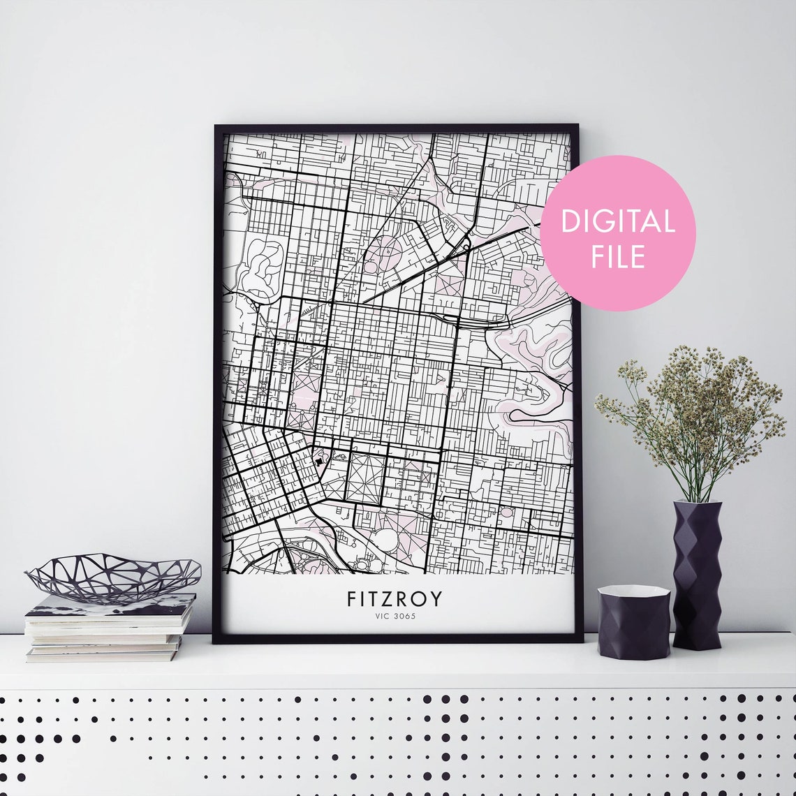 Fitzroy Melbourne VIC 3065 Minimal Monochrome City Street Map Poster