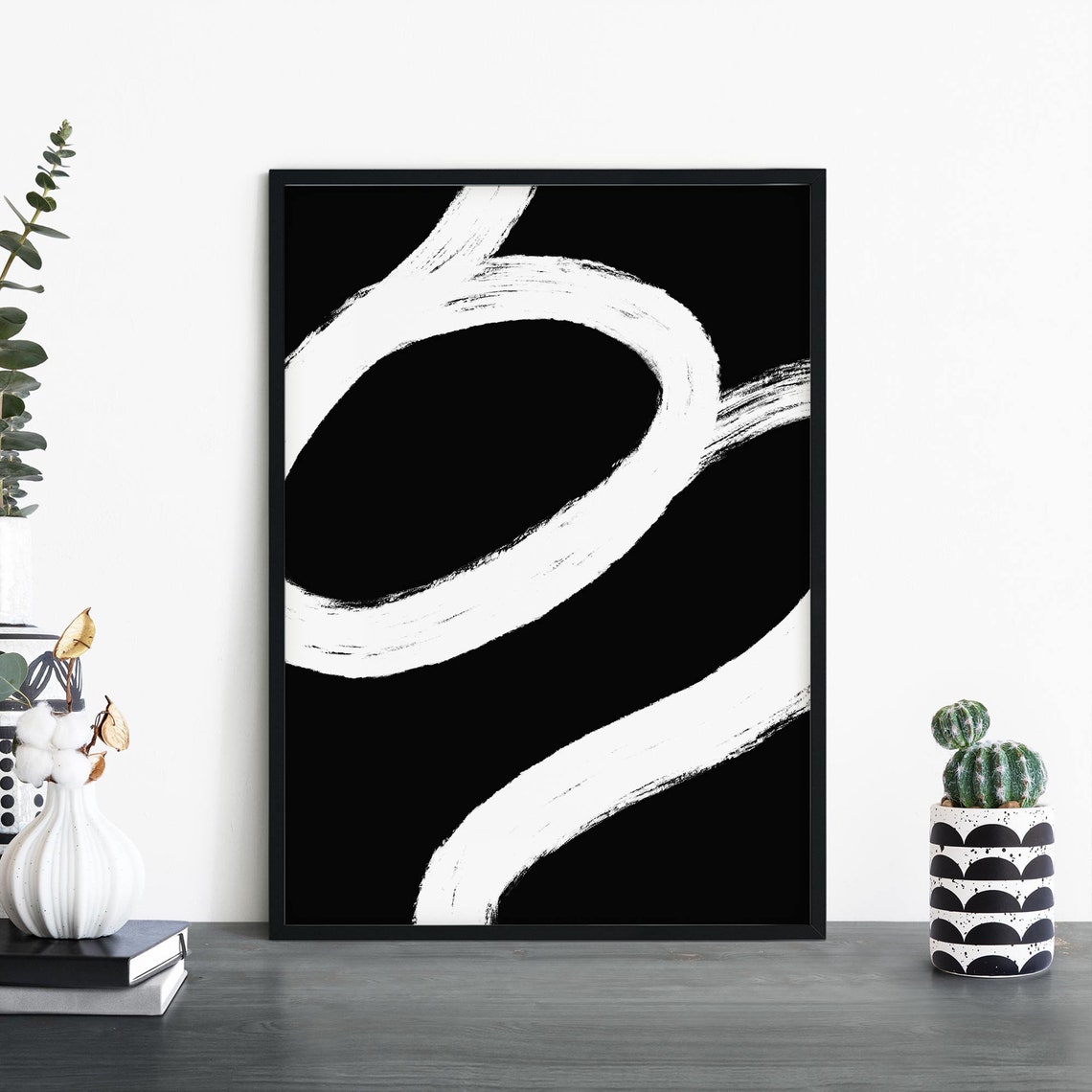 Sweeping White Curve Brushstroke Black Background Abstract Poster