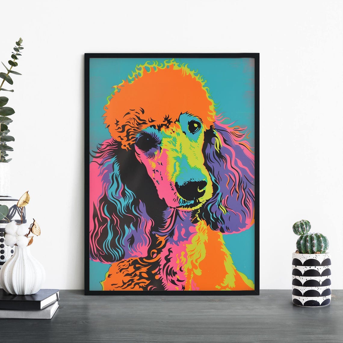 Pop Art Poodle Curly Rainbow Orange Pink Colorful Dog Poster