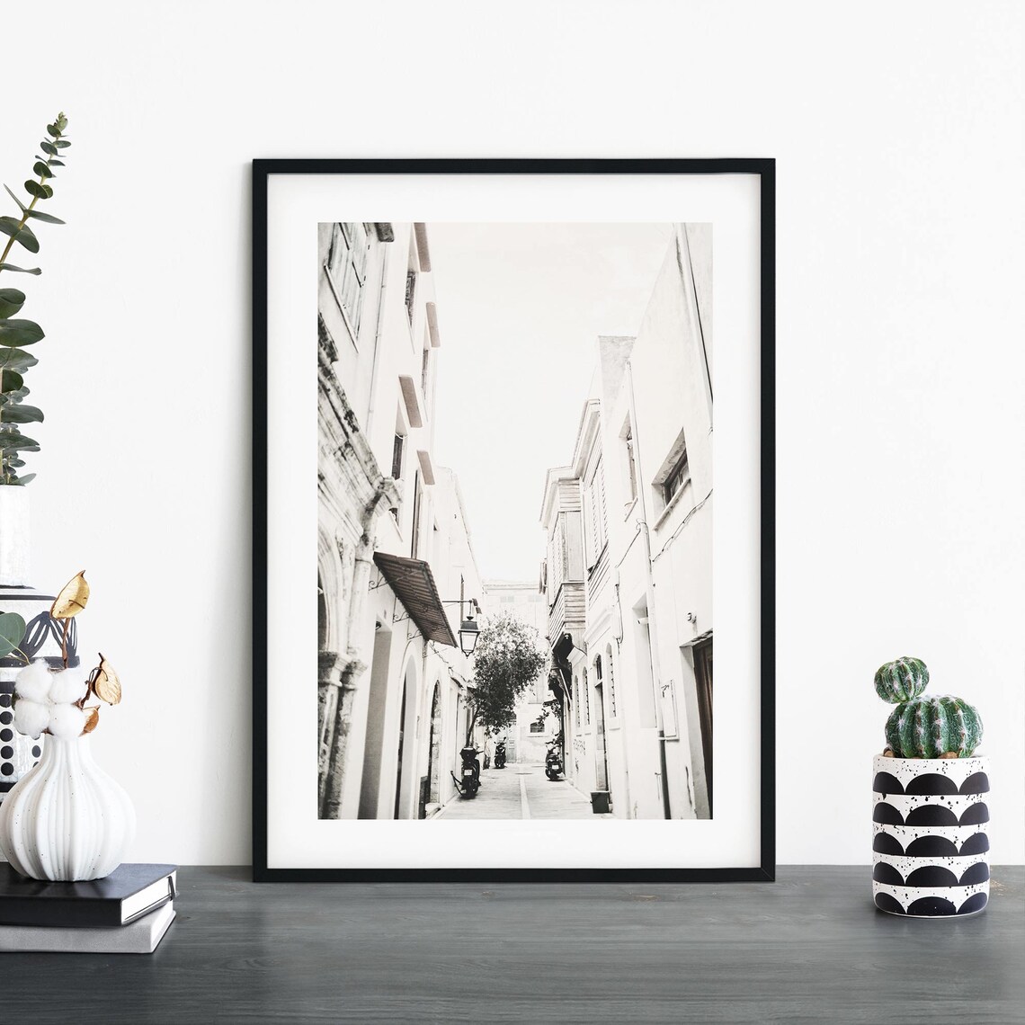 White Mediterranean Alleyway Scooters Soft Monochrome Photo Poster