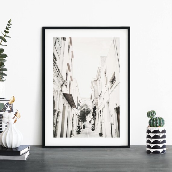 White Mediterranean Alleyway Scooters Soft Monochrome Photo Poster