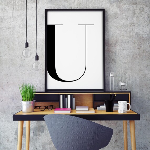Letter U Monogram Black White Modern Serif Typography Wall Poster