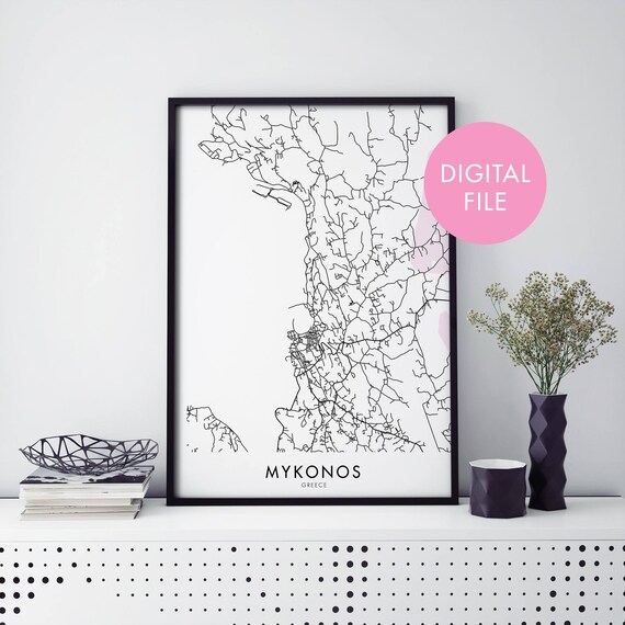 Mykonos Greece Island Minimalist Monochrome Street Map Travel Poster