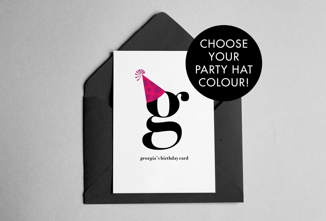 Personalized Party Hat Birthday Card, Minimalist Name Letter