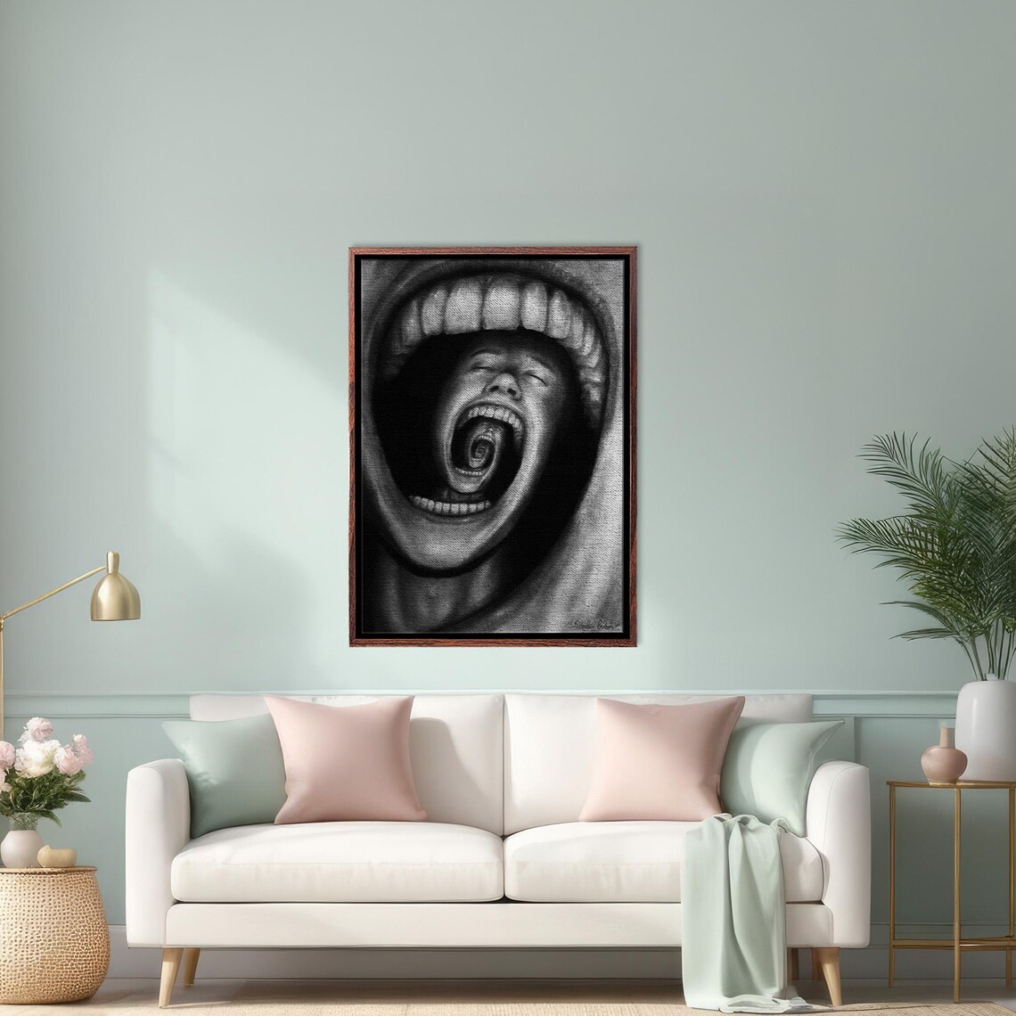 Surreal Black and White Screaming Mouth Inception Art Poster