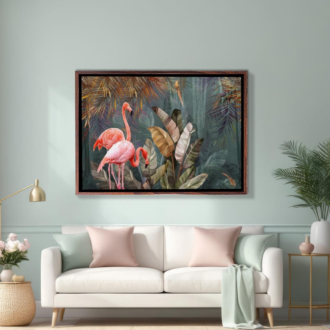 Pink Flamingos Among Tropical Palm Leaves Jungle Painting Poster