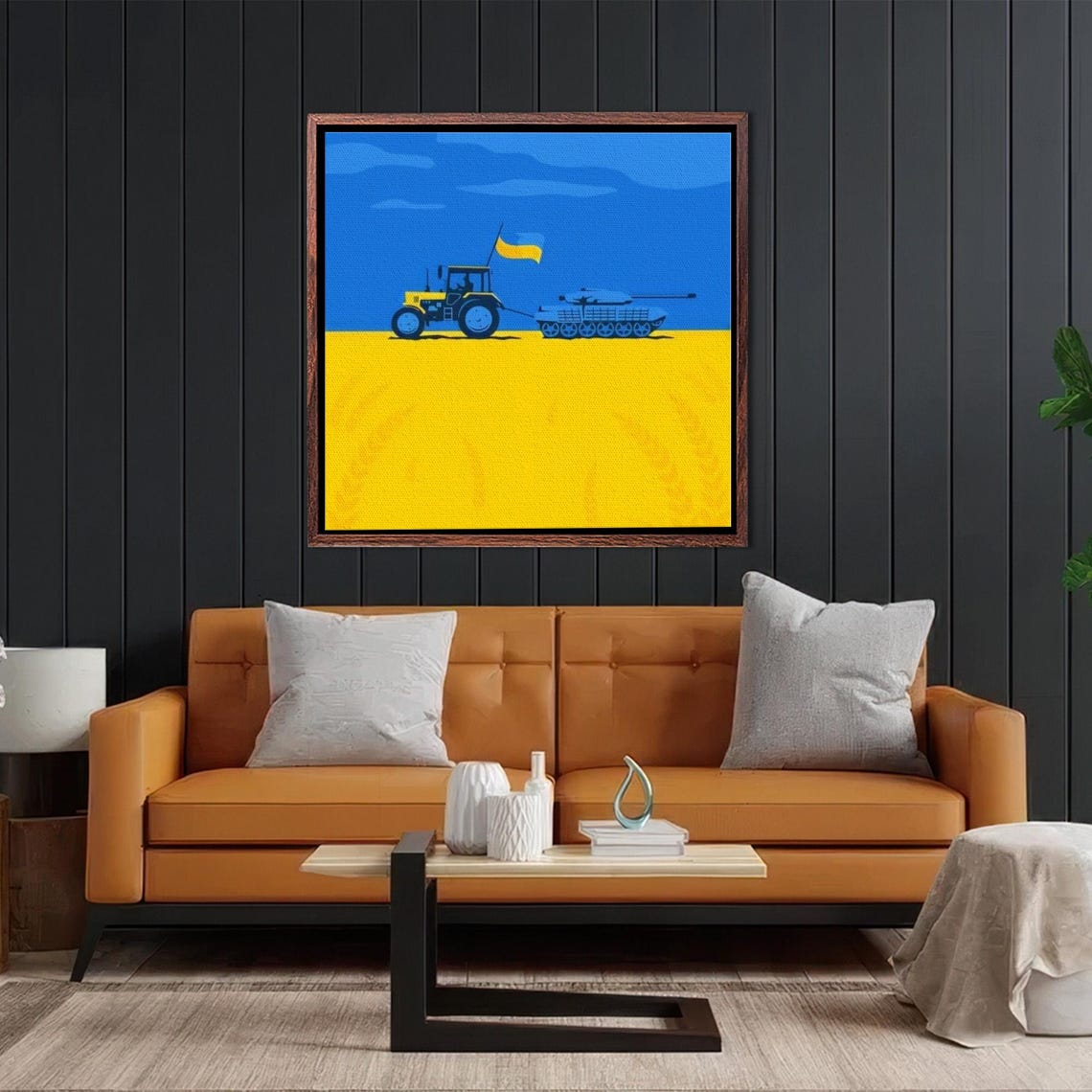 Yellow Tractor Towing Tank Ukrainian Flag Colors Graphic Art Poster - Image 2