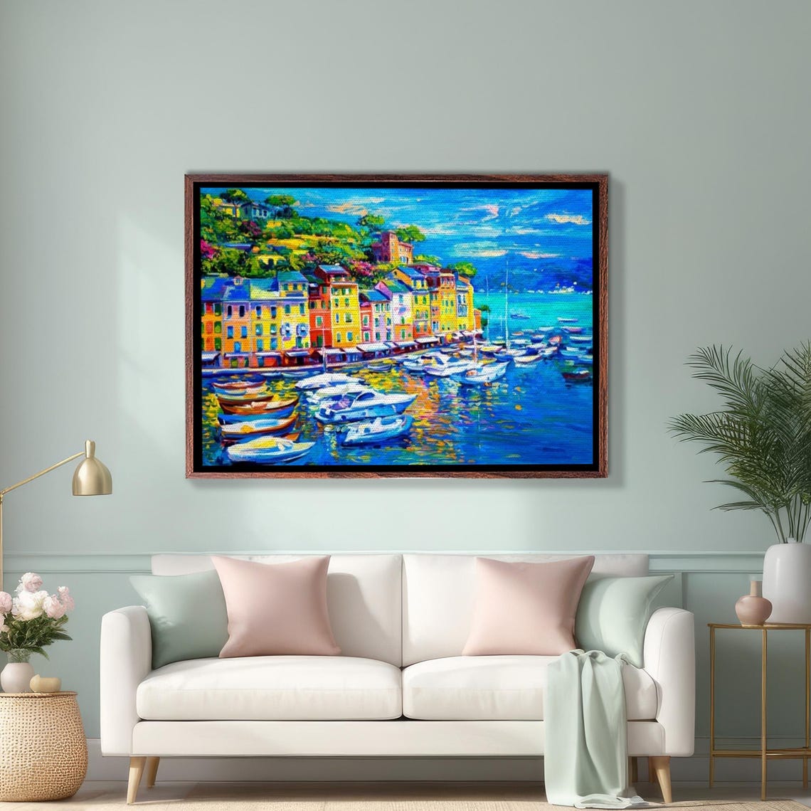 Colorful Mediterranean Harbor Town with Boats Painting Poster