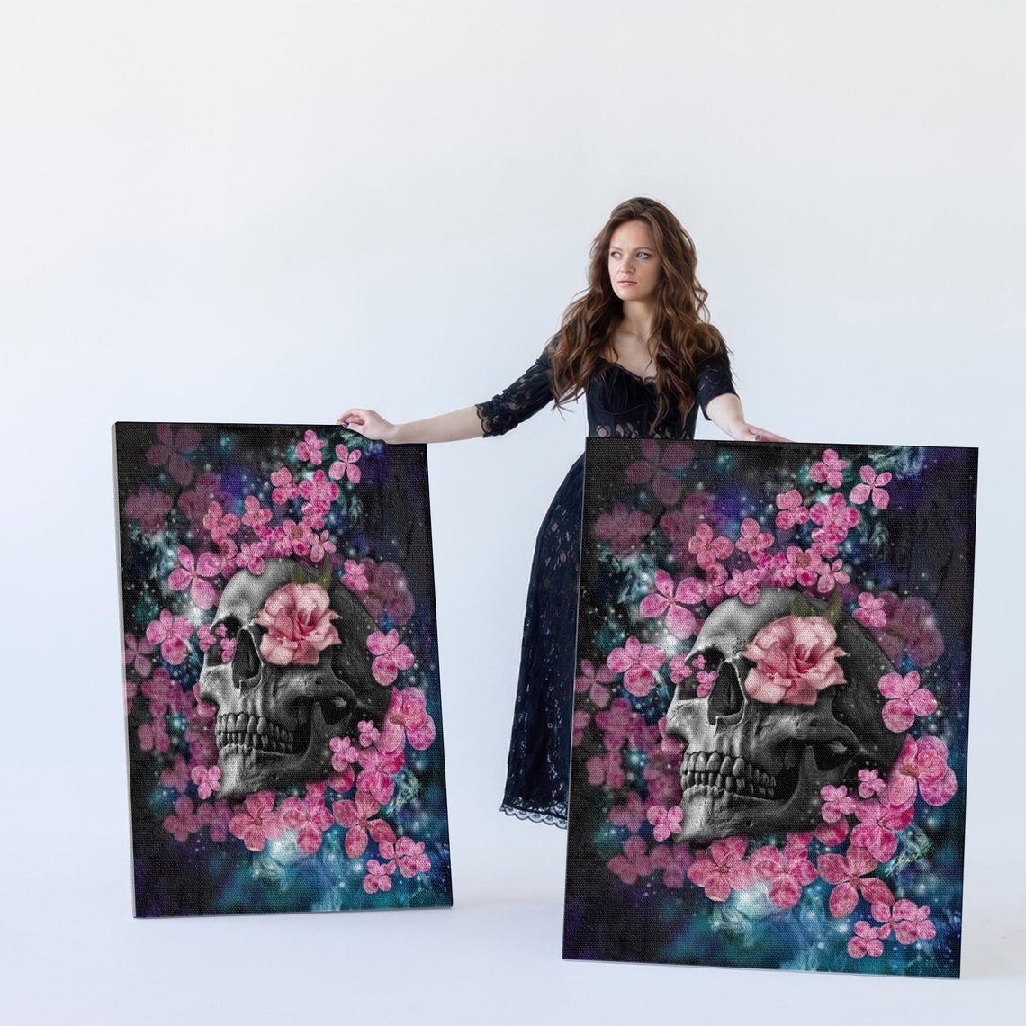 Dark Floral Skull With Pink Blossoms Gothic Botanical Poster - Image 5