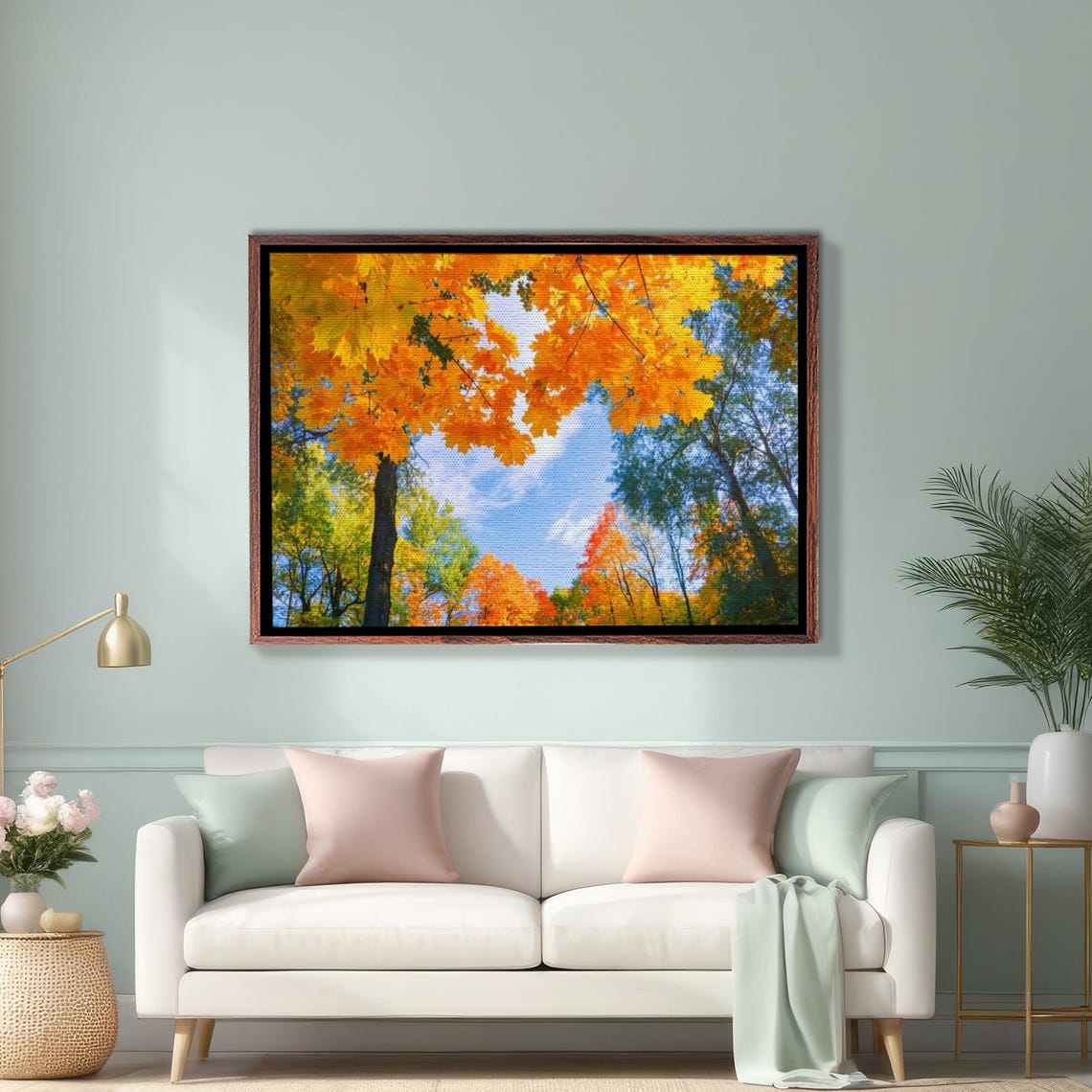 Golden Autumn Maple Leaf Canopy Looking Up at Blue Sky Poster