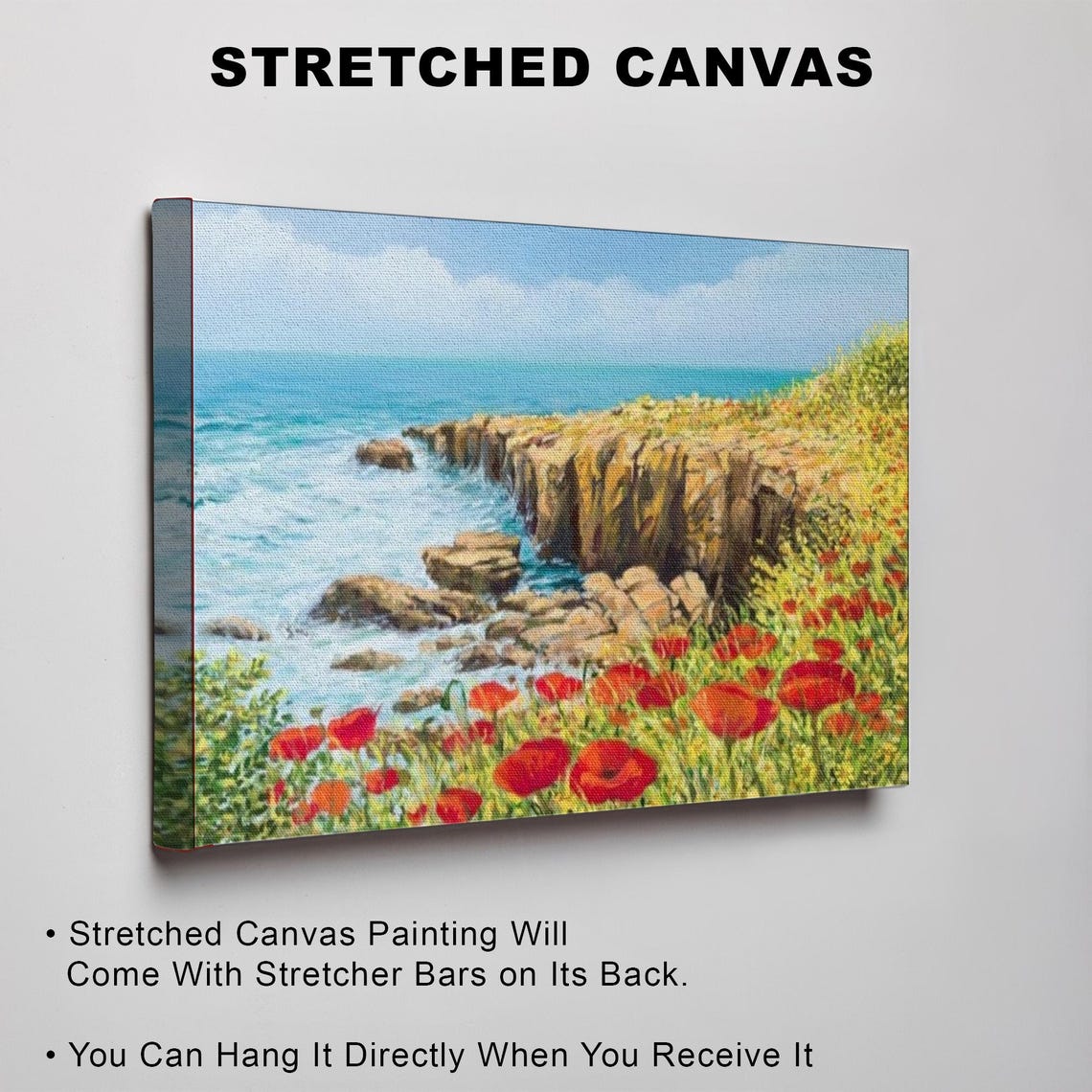 Rocky Ocean Cliffs Red Poppy Meadow Dramatic Coastal Seascape Poster - Image 3