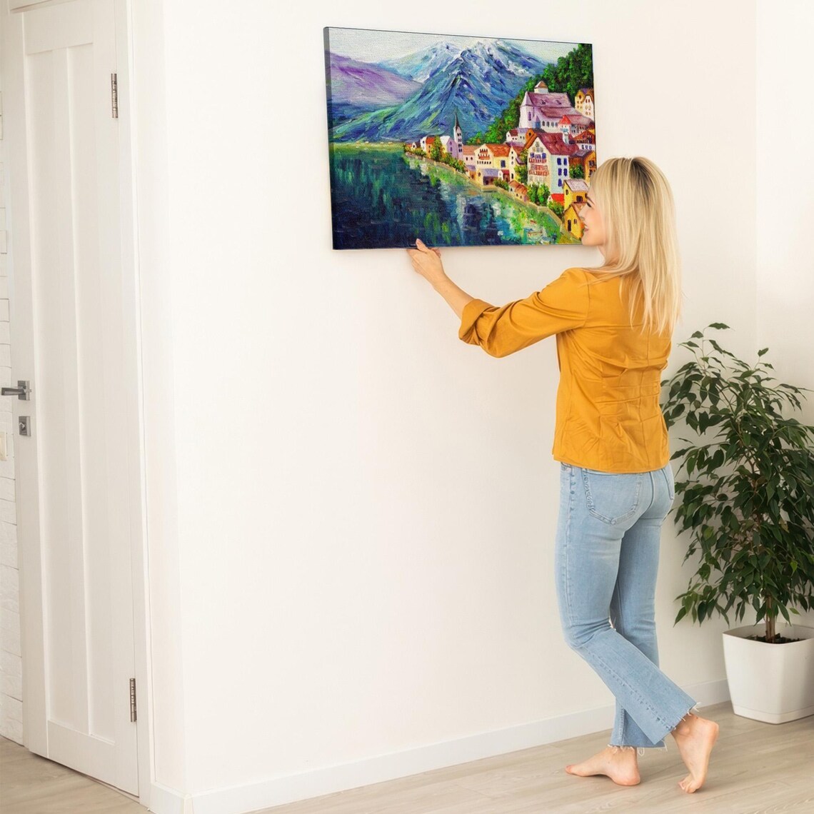 Alpine Lakeside Village With Church And Mountains Painting Poster - Image 5