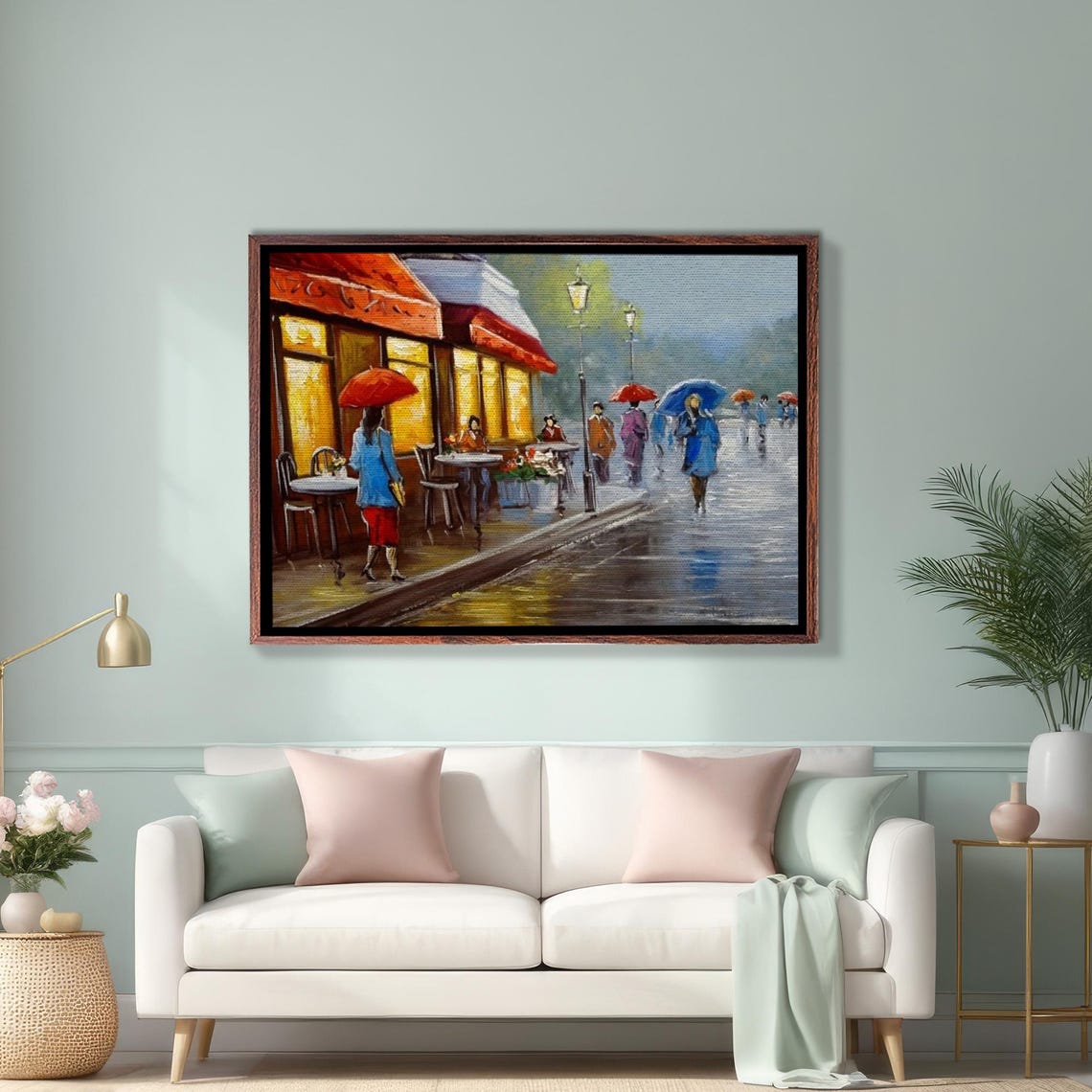 Rainy Day Paris Cafe Terrace With Colorful Red Umbrellas Poster
