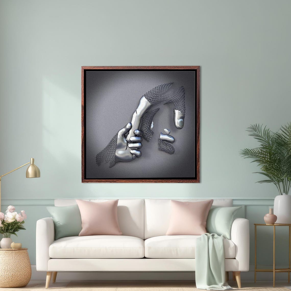 Metallic Silver 3D Reaching Hands Abstract Sculpture Art Poster