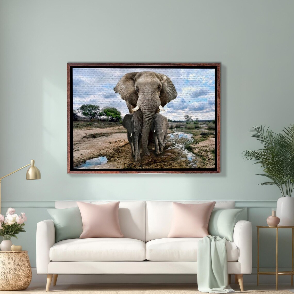 African Elephant Shielding Her Calves at the Waterhole Safari Poster