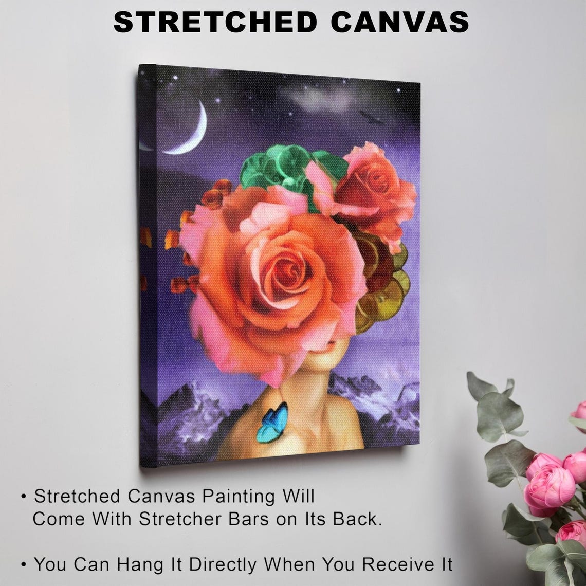 Surreal Rose Headed Woman Under Crescent Moon Night Sky Poster - Image 3