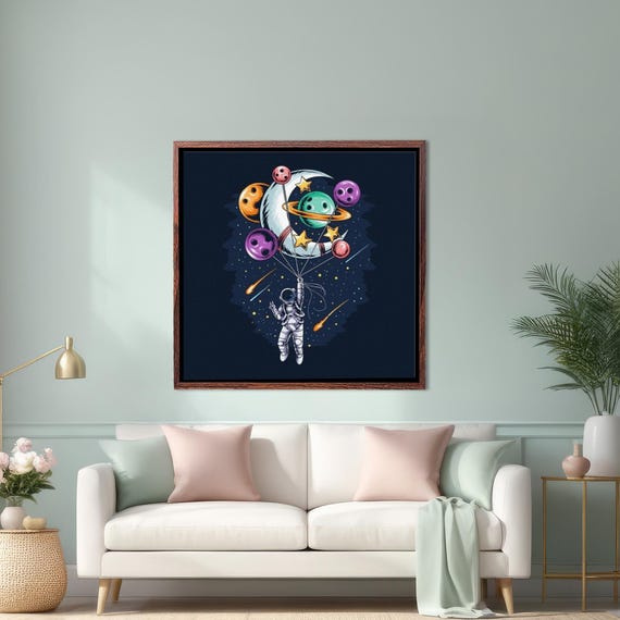 Astronaut Flying With The Moon And Planets Painting Illustration Print Illustration Wall Art Large Wall Art