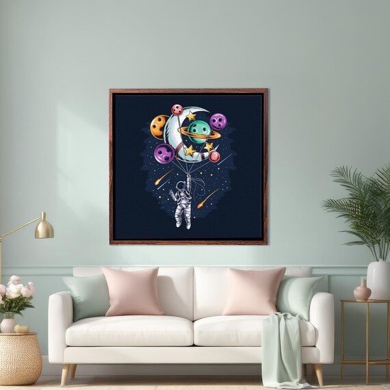 Astronaut with Colorful Planet Balloons Crescent Moon Space Poster