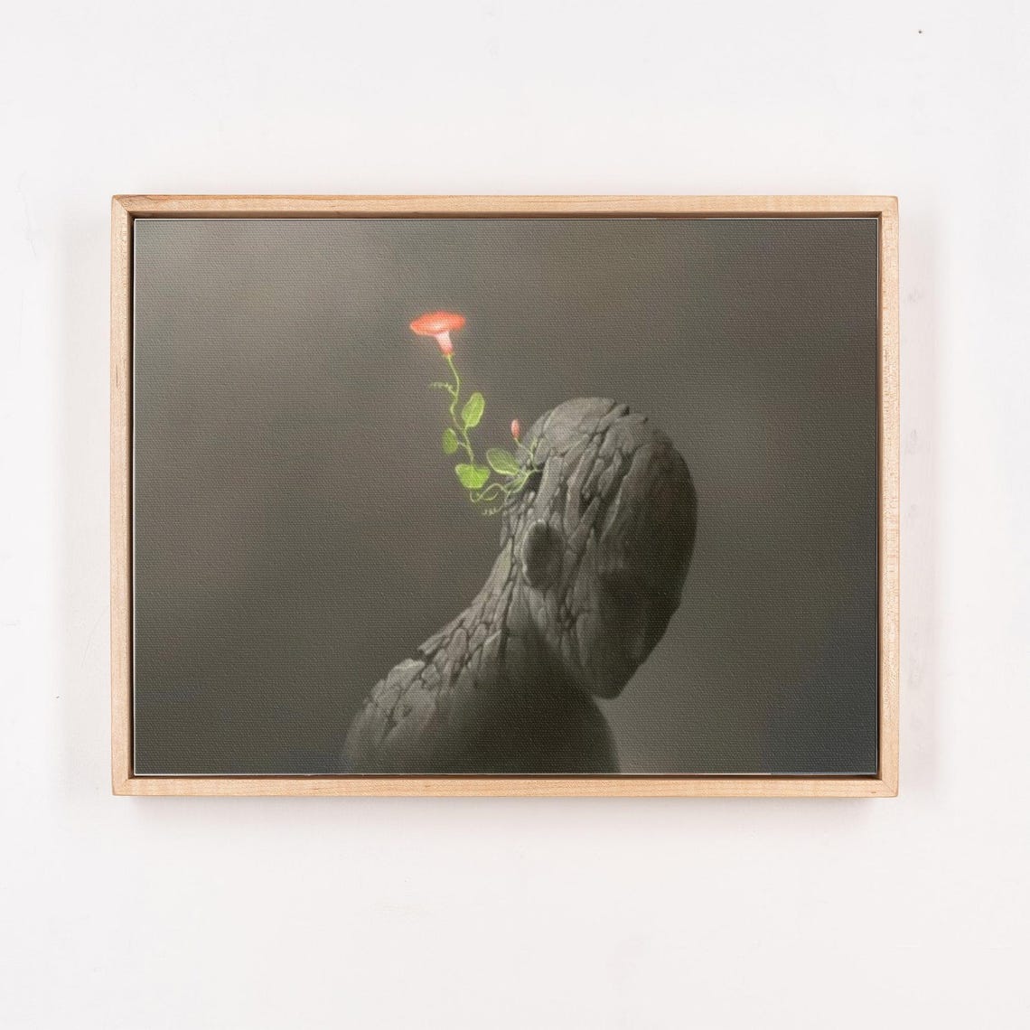 Surreal Cracked Stone Bust Growing a Single Red Flower Dark Art Poster - Image 4