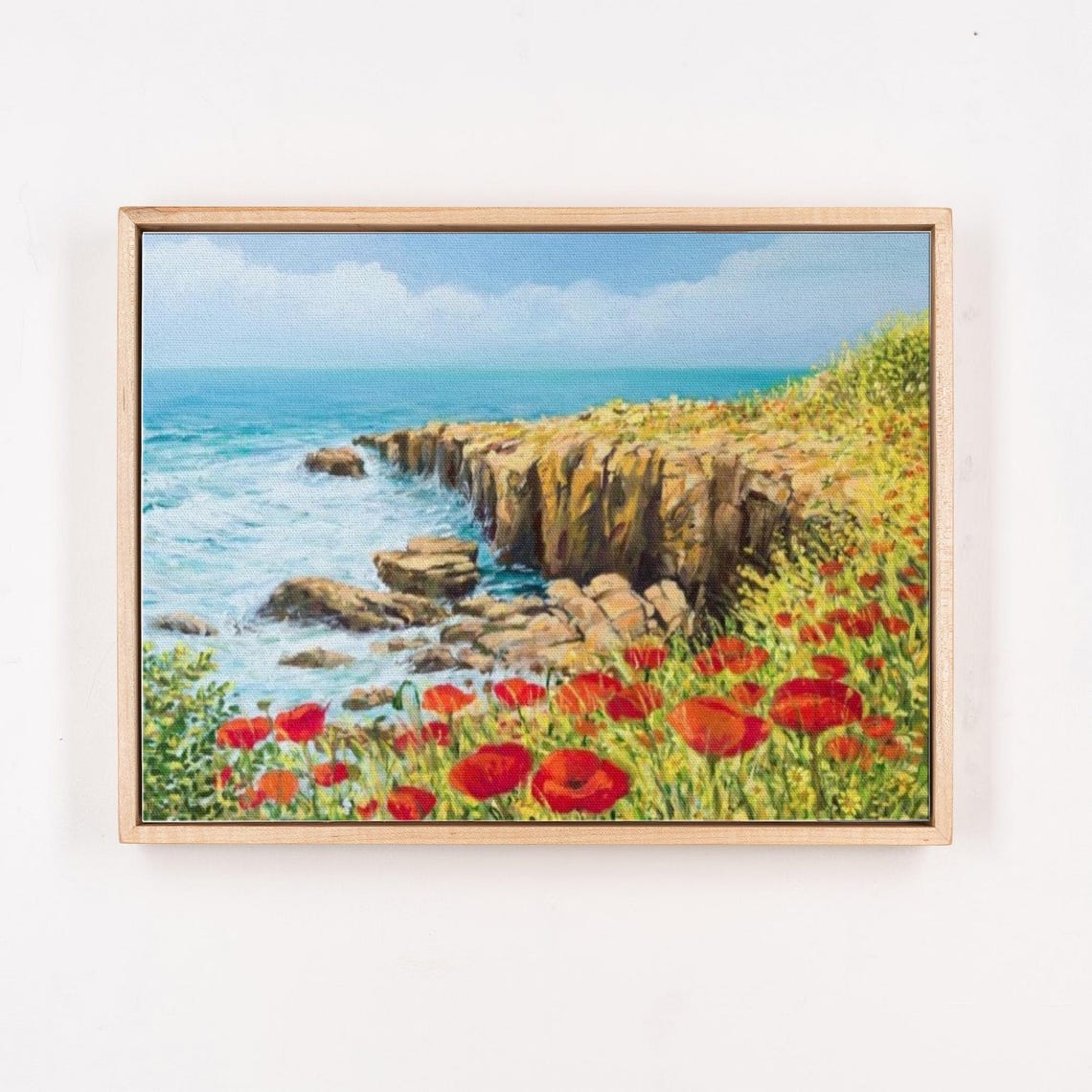Rocky Ocean Cliffs Red Poppy Meadow Dramatic Coastal Seascape Poster - Image 4
