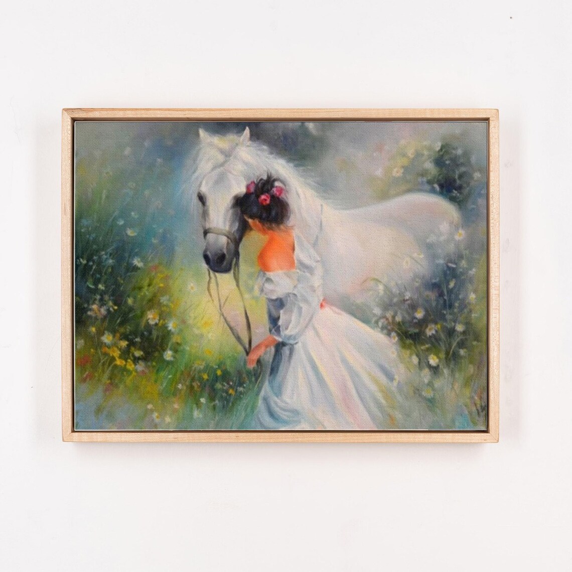 Girl with Flower Crown Embracing a White Horse Meadow Painting Poster - Image 4