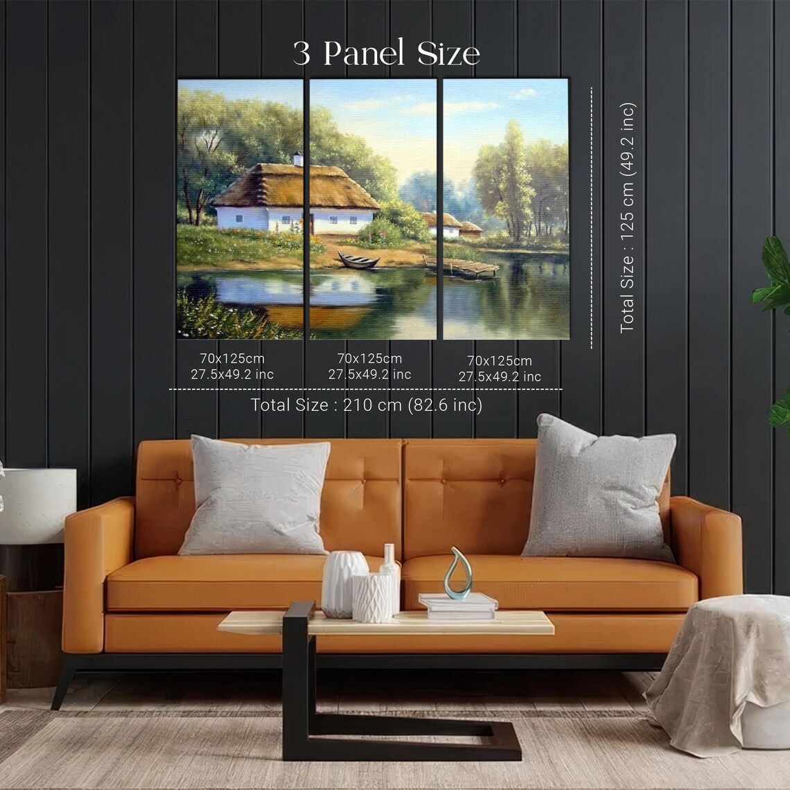 Thatched Cottages Beside Calm Lake Wooden Boats Village Scene Poster - Image 2