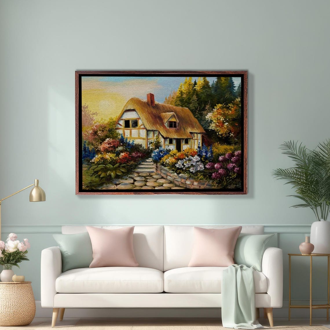 Thatched Roof Cottage Garden Blooming Flowers Sunset Painting Poster