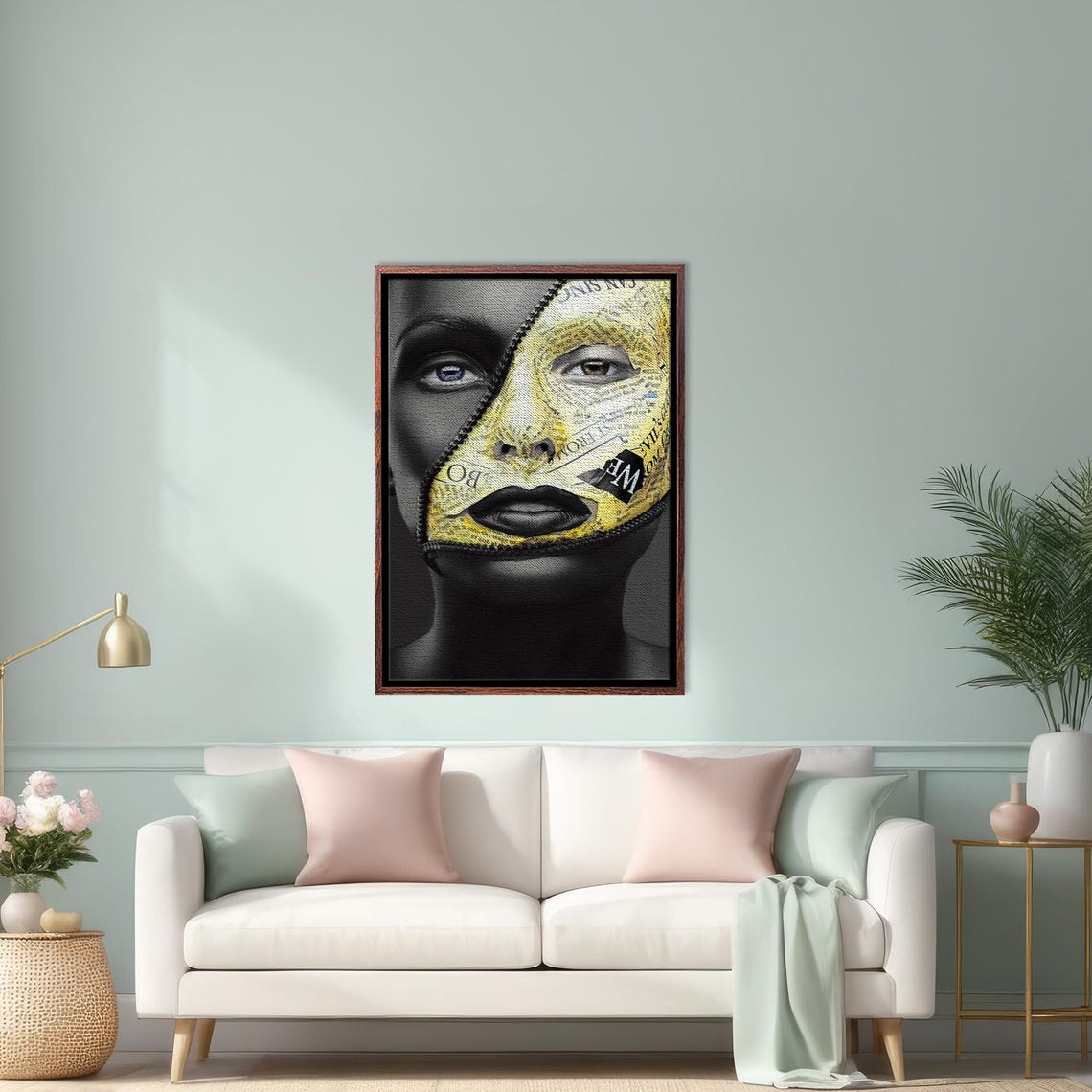 Surreal Zipper Face Portrait With Newspaper Texture Modern Art Poster