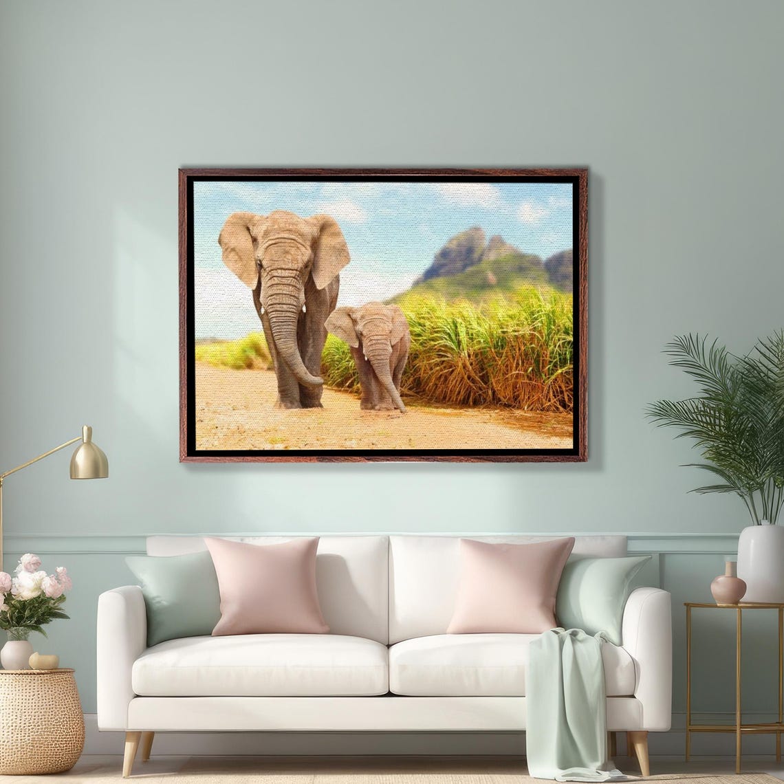 African Elephant and Calf Walking on Dusty Safari Path Poster