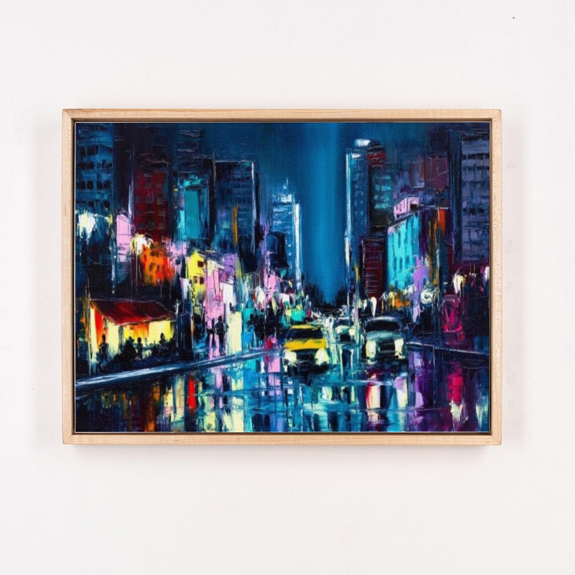 New York City Street At Night With Neon Lights And Yellow Taxi Poster - Image 4