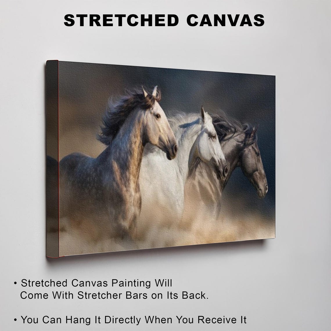 Three Galloping Horses In Dust Wild Herd Painting Canvas Wall Art - Image 3