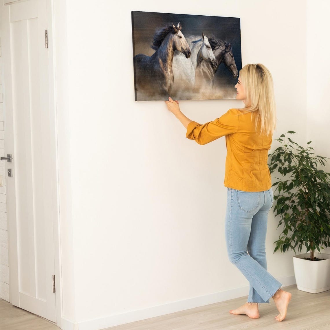 Three Galloping Horses In Dust Wild Herd Painting Canvas Wall Art - Image 5
