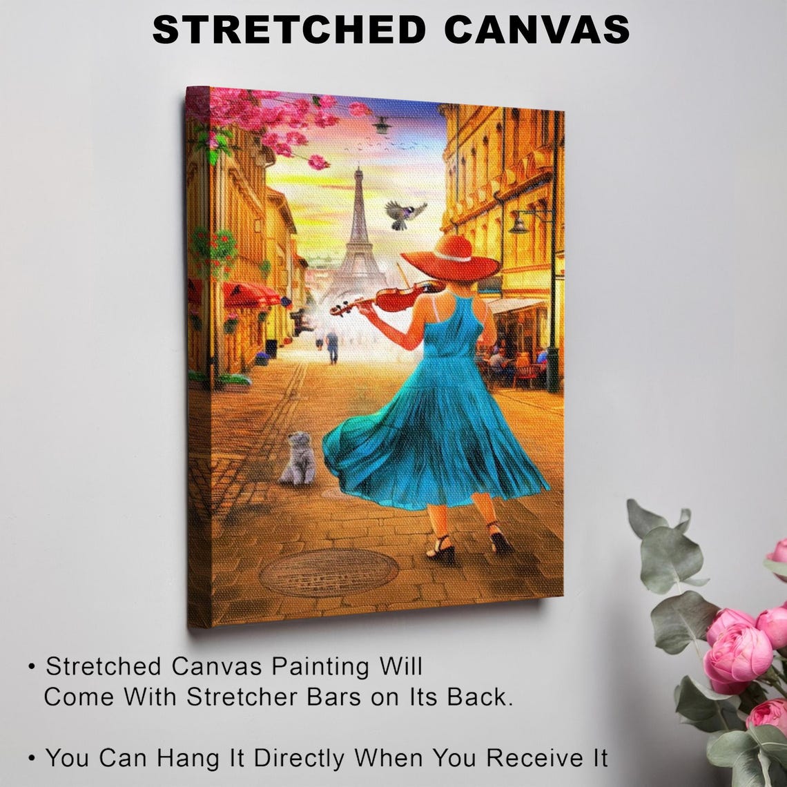 Violinist in Blue Dress on a Paris Street with Eiffel Tower Poster - Image 3