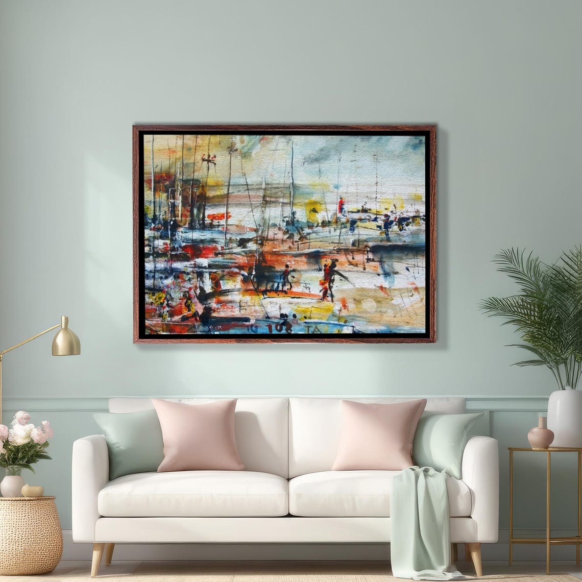 Abstract Colorful Sailboats In The Harbor Modern Watercolor Art Poster