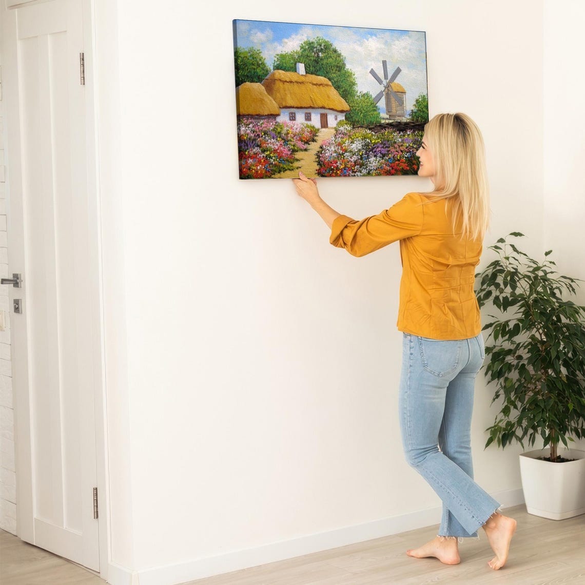 Thatched Cottage With Windmill And Flower Garden Painting Poster - Image 5