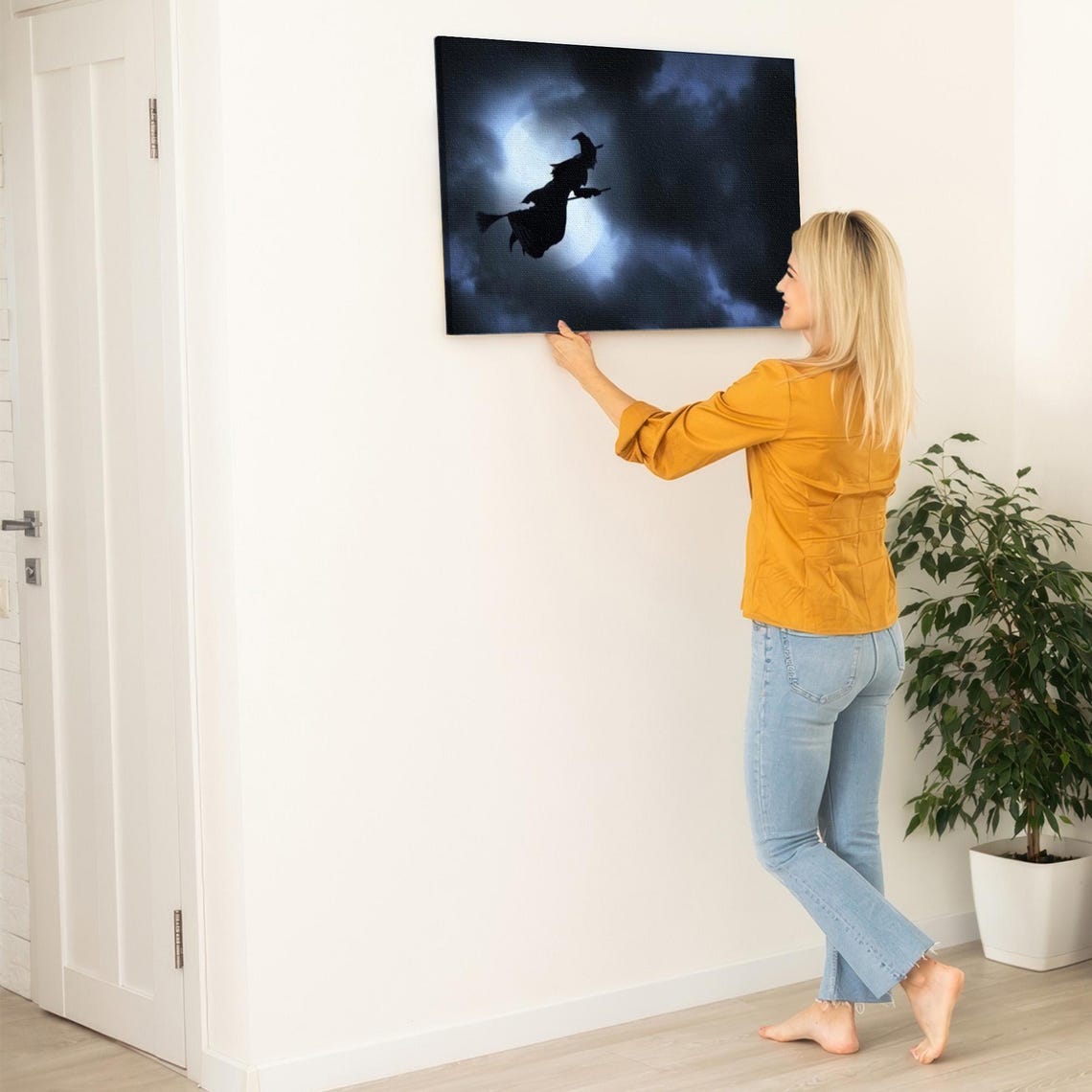 Witch Silhouette Flying On Broomstick Past Full Moon Halloween Poster - Image 5