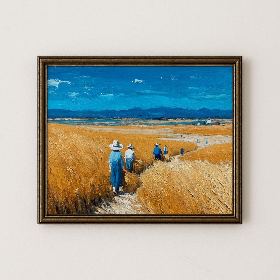 Golden Wheat Field Harvest Painting With Farmers Under Blue Sky Poster