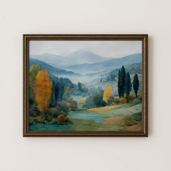 Misty Mountain Valley Watercolor Print Vintage Autumn Landscape H74