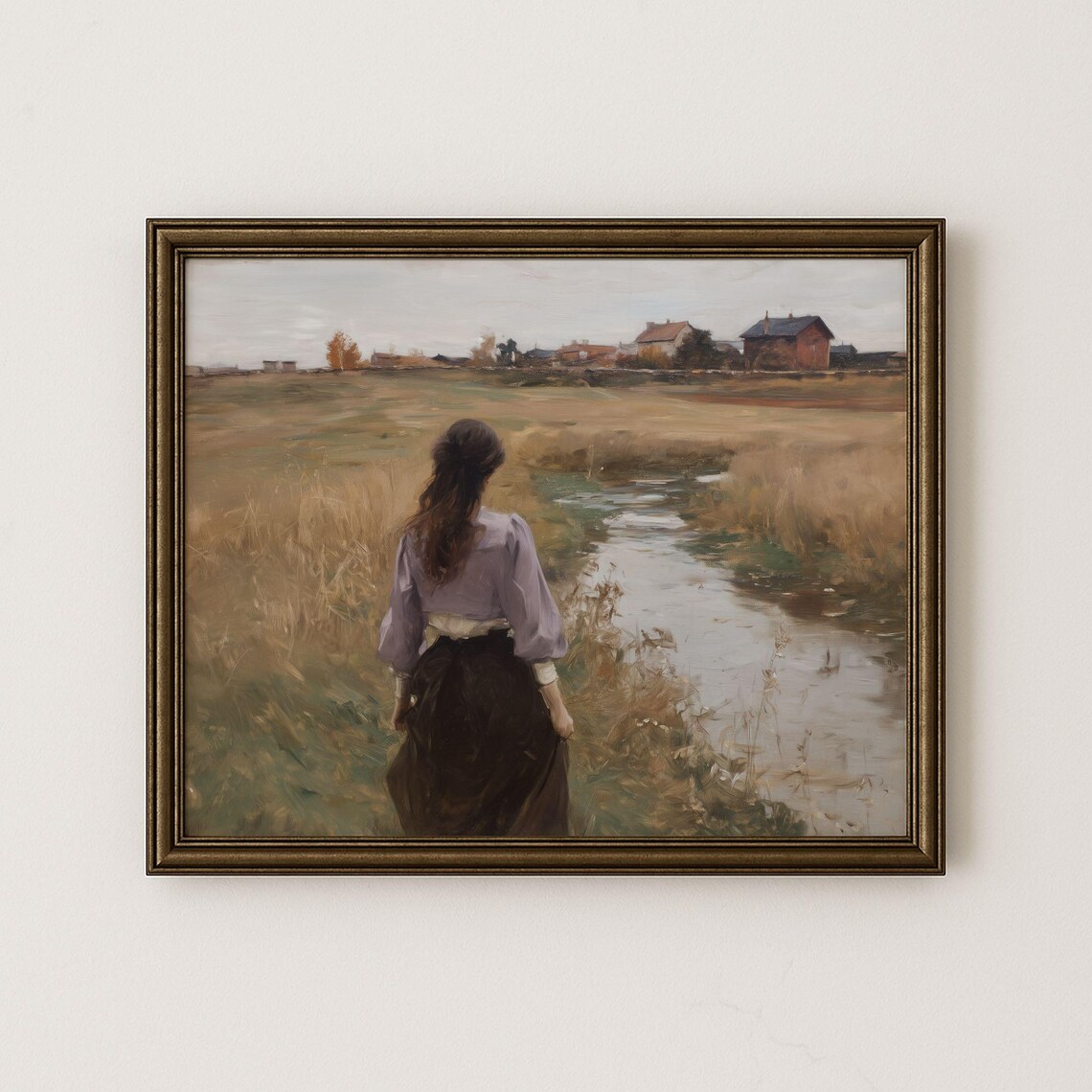 Woman Walking Golden Fields Toward Village Painting Art Poster